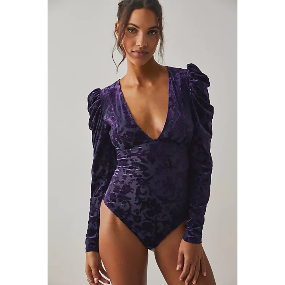 Free People NWT Magic Hour Bodysuit Velvet Flocked Floral Deep Sea Combo Med New